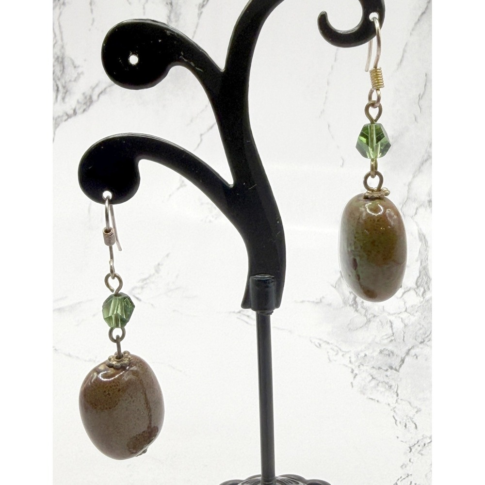 Boho Dangle Earrings Brown Green Ceramic Bead Gold‎ Tone Artisan